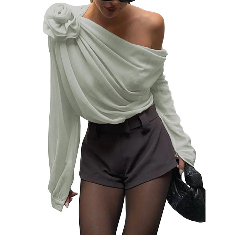 Off Shoulder Tops Elegant Long Sleeve Asymmetrical Neck Ruched Chiffon Blouse Shirts Going Out Top Y2k Shirts