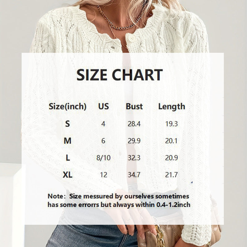 Solid Color Elegant Round Neck Cardigan Top - Button Front Openwork Knit Top For Spring&Summer