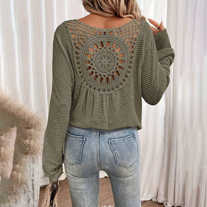 Solid Color V-Neck Long Sleeve Knit Top - Sexy Backless T-Shirt With Sheer Cutout Details, Elegant Blouse For Spring&Summe