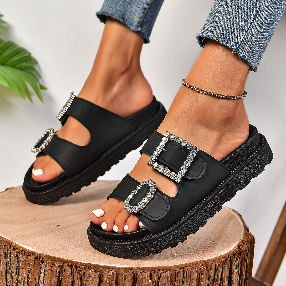 Versatile Everyday Platform Slide Sandals Fashion Rhinestone Belt Buckle Platform Sandals