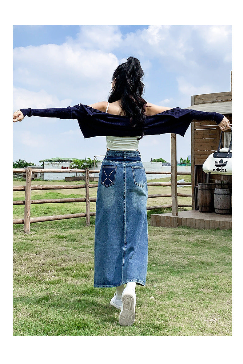 Front Slit High Waist Denim Skirt For Women