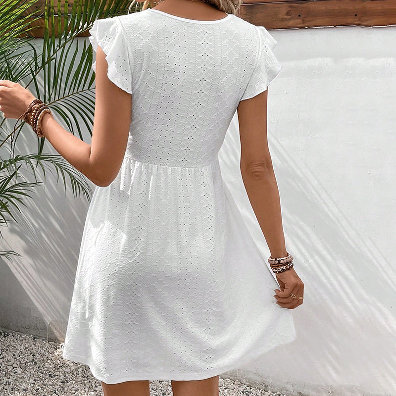 V Neck Lace Mini Dresses Casual Summer Ruffle Sleeve Crochet Sundresses