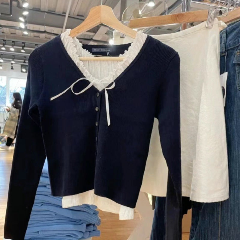 Three-button Eyelet Long-sleeved T-shirt Two-piece Set