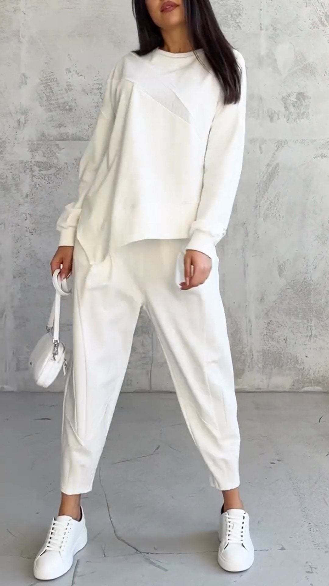 Slouchy Luxe Lounge Set – Crewneck Top + Tapered Joggers Women's Round Neck Loose And Irregular Long-sleeve Sweater Set