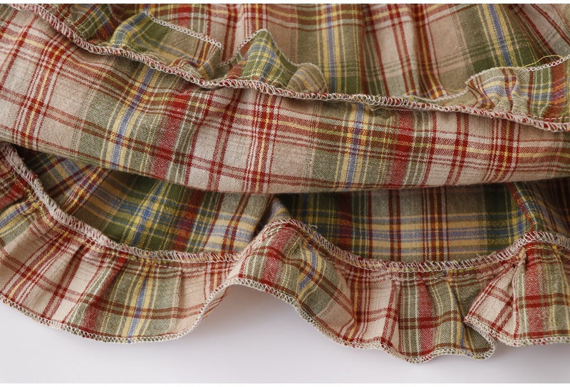 Summer New Mori Girl Bow Tie-neck Plaid Spaghetti-strap Camisole Top For Women's