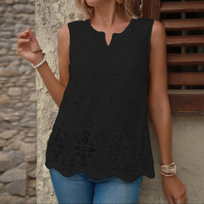 Embroidered Eyelet Tops Notched Neck Sleeveless Lace Trim Blouses Shirts