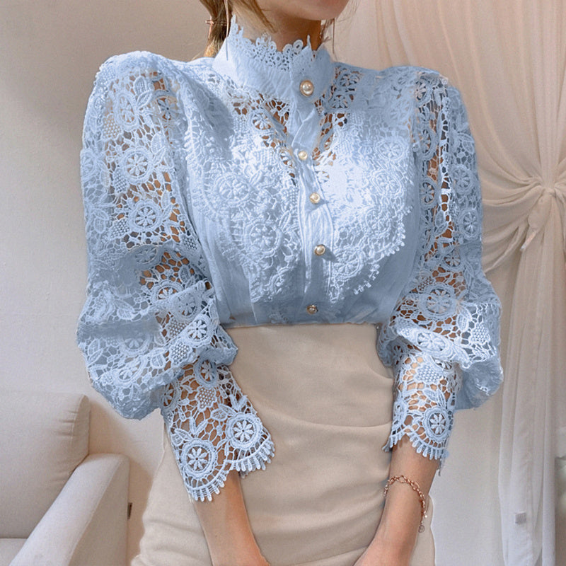 Elegant Women's Vintage Pearl Button Lace Blouse - Puff Sleeve Semi-Sheer Ruffled Stand Collar Shirt Spring&Summer Office & Vacation Top