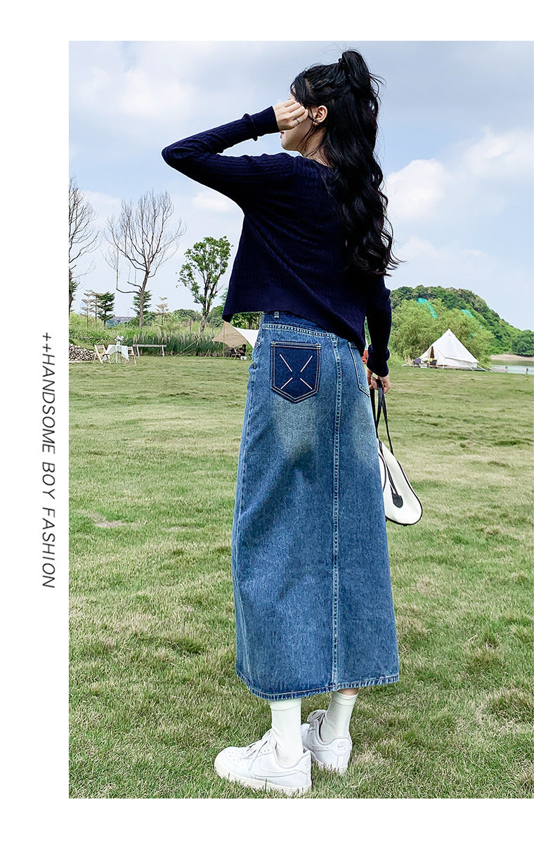 Front Slit High Waist Denim Skirt For Women
