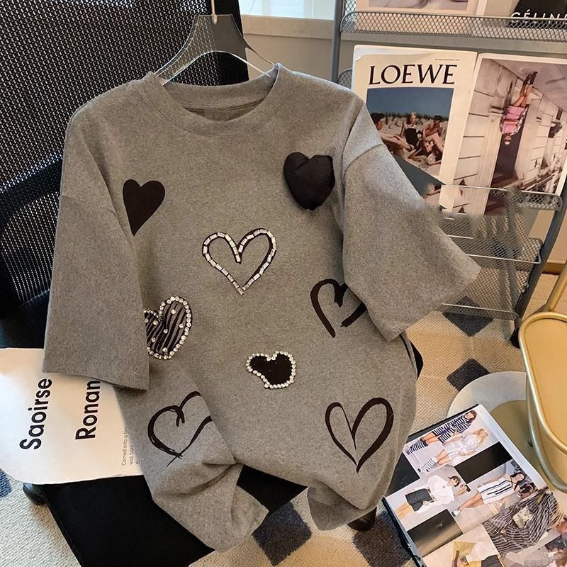 Gray Heart Shape With Diamond T-shirt For Women