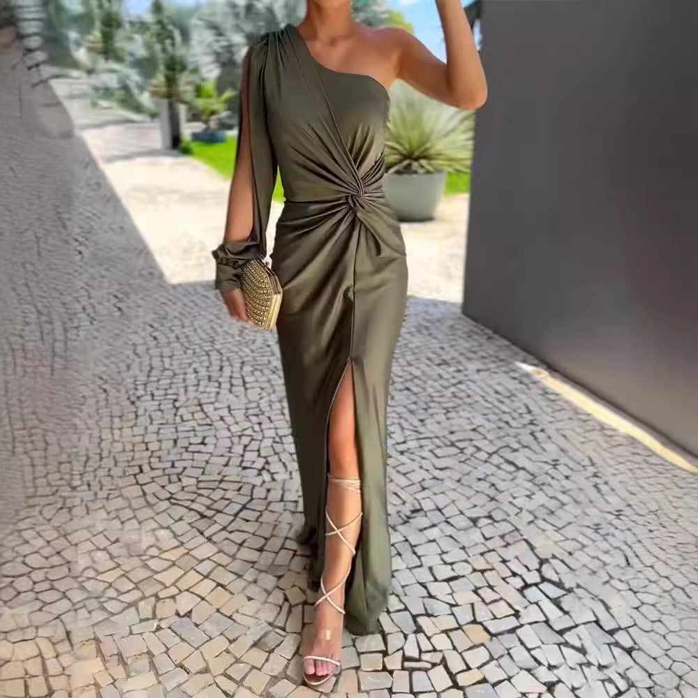 Diagonal Shoulder Knot Split Solid Color Slim Fit Dress