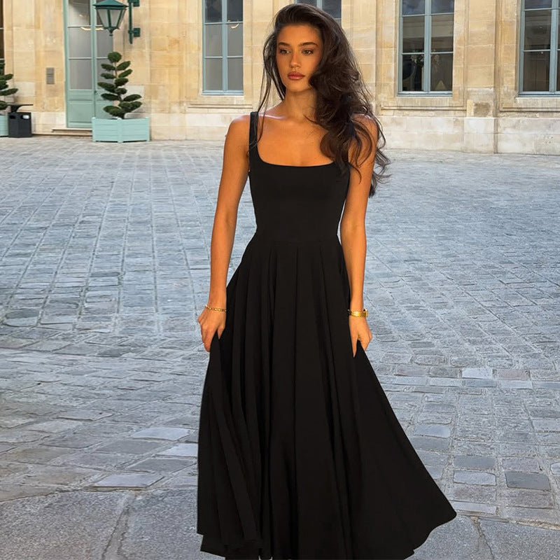 Square Collar Sleeveless Waist-slimming Long Dress Pleated Suspender
