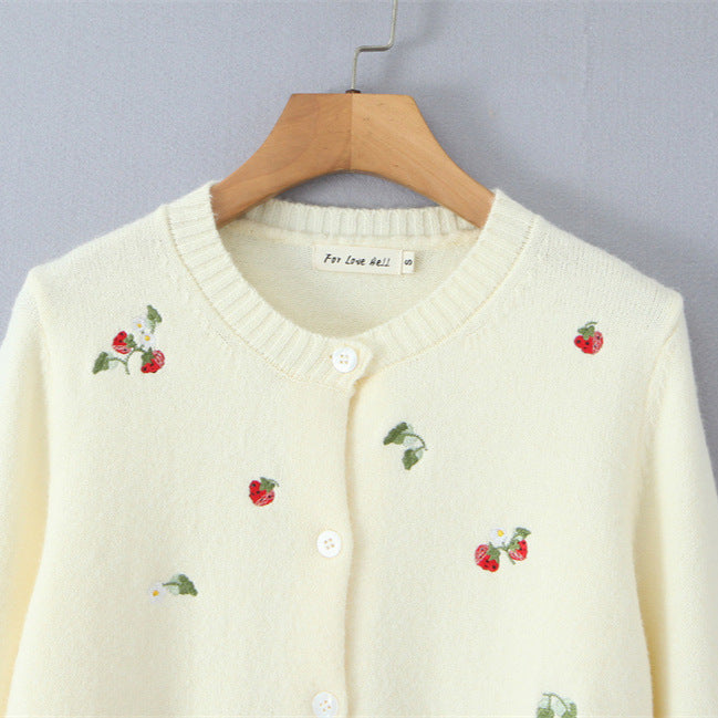 Simple Sweet Cherry Embroidered Knitted Cardigan