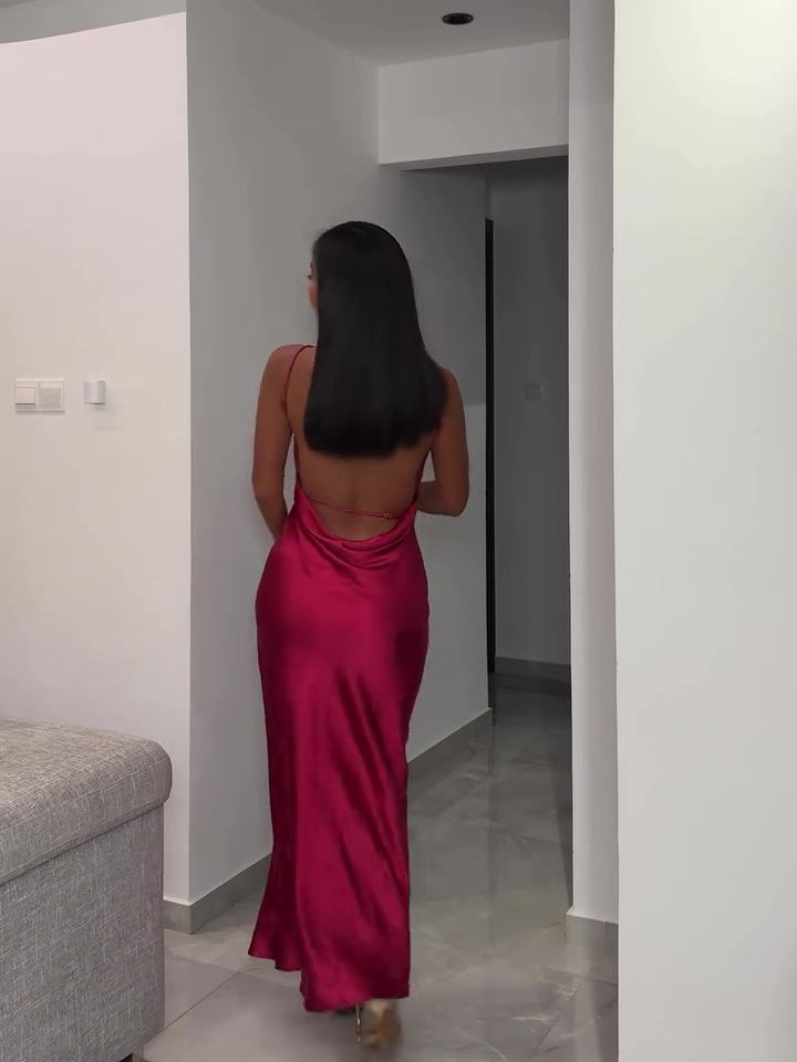 Burgundy Backless Satin Sleeveless Dress