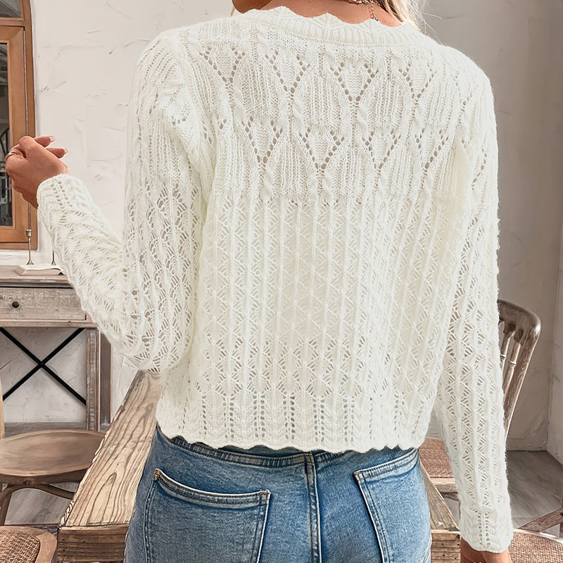 Solid Color Elegant Round Neck Cardigan Top - Button Front Openwork Knit Top For Spring&Summer
