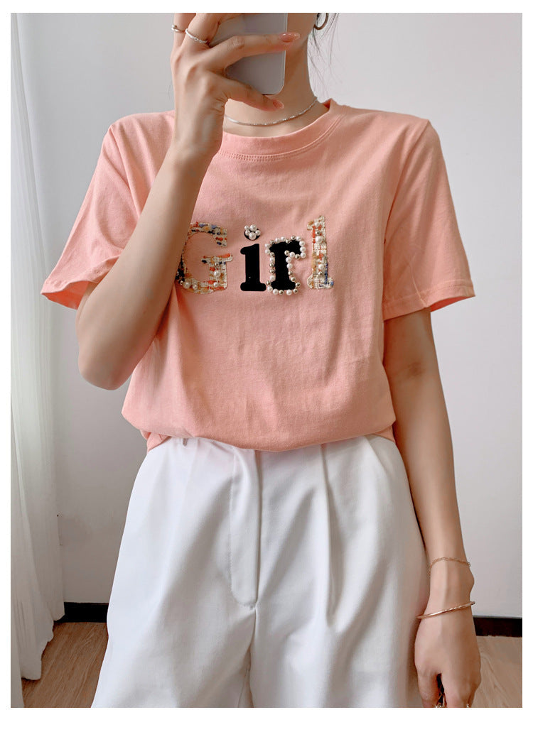 Aesthetic "Girl" Design Short Sleeve Top | Versatile Everyday Tee Printed T-shirt Korean Style Versatile Half Sleeve Top