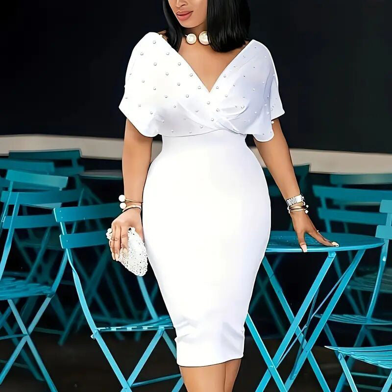 Elegant Deep V Neck Wrap Bodycon Dress Back Zipper Pencil Midi Dress