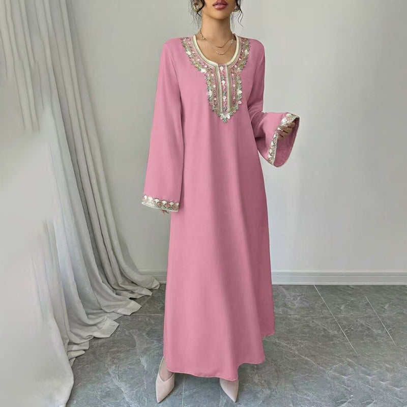 Middle Eastern Embroidered Maxi Dress - Round Neck Long Sleeve Flowy Kaftan With Exquisite Embroidery, Loose Fit