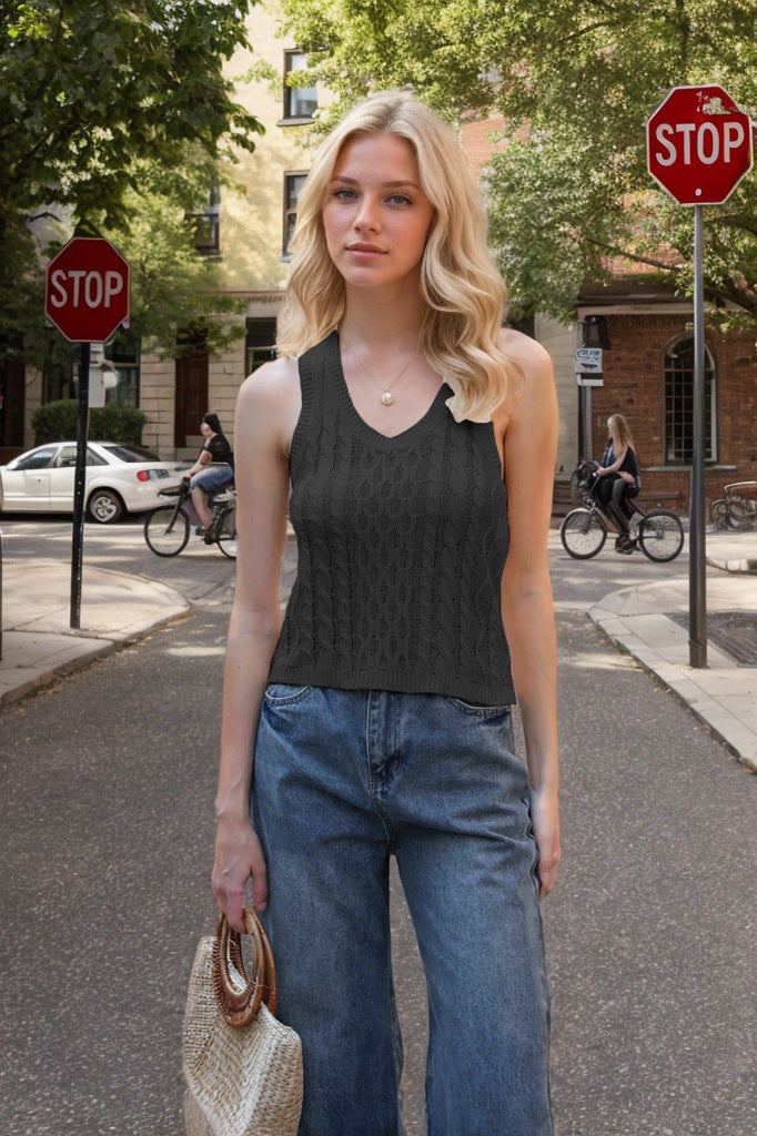 Textured Ribbed Knit V-Neck Tank Top Women's V-neck Tank Vest Fashion Casual Knitted Solid Color Tops