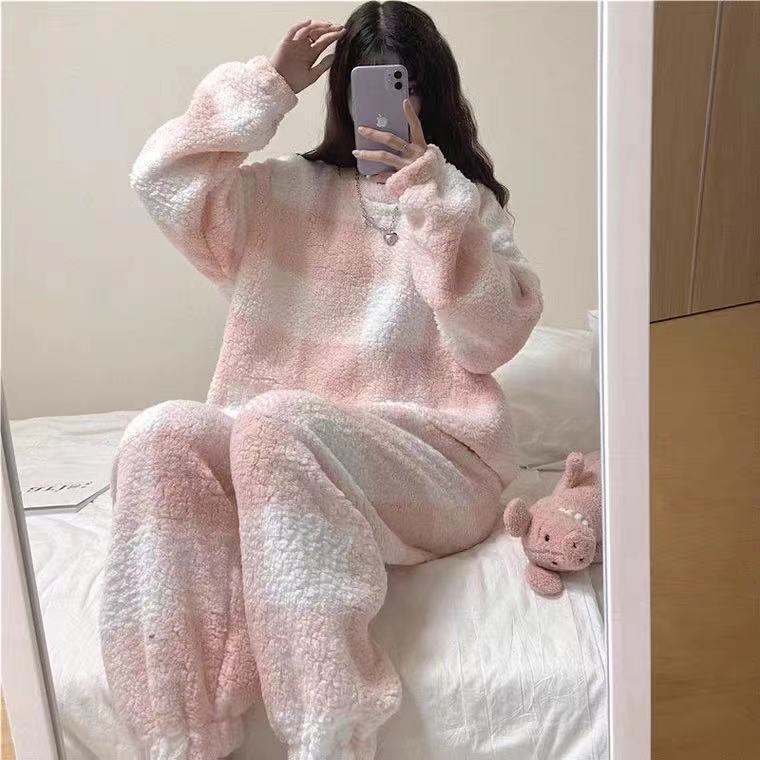 Ultra Soft & Cozy Fluffy Checkered Pajama Set Pajamas Flannel Korean Home Service Suit