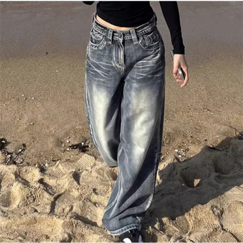 Faded Washed Wide-Leg Jeans – Vintage Y2K Streetwear Denim Distressed Straight Wide Leg Vintage Blue High Waist Jeans For Women