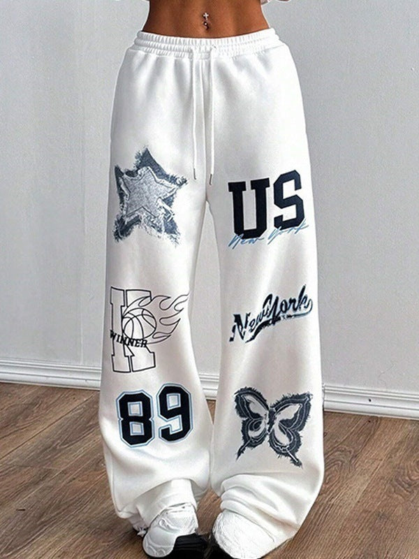 Printed Drawstring Straight Sports Casual Pants For Women's