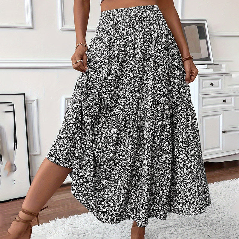 Boho Floral Maxi Skirt - High Elastic Waist, Pleated A-Line Long Skirt