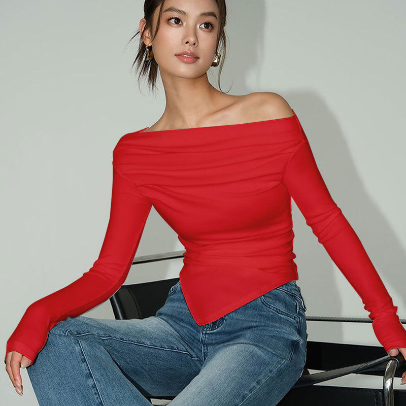 Scarlet Edge Off-Shoulder Top – Sleek, Bold & Flattering Women's Top Korean Style Slim-fitting Cool Top For Women