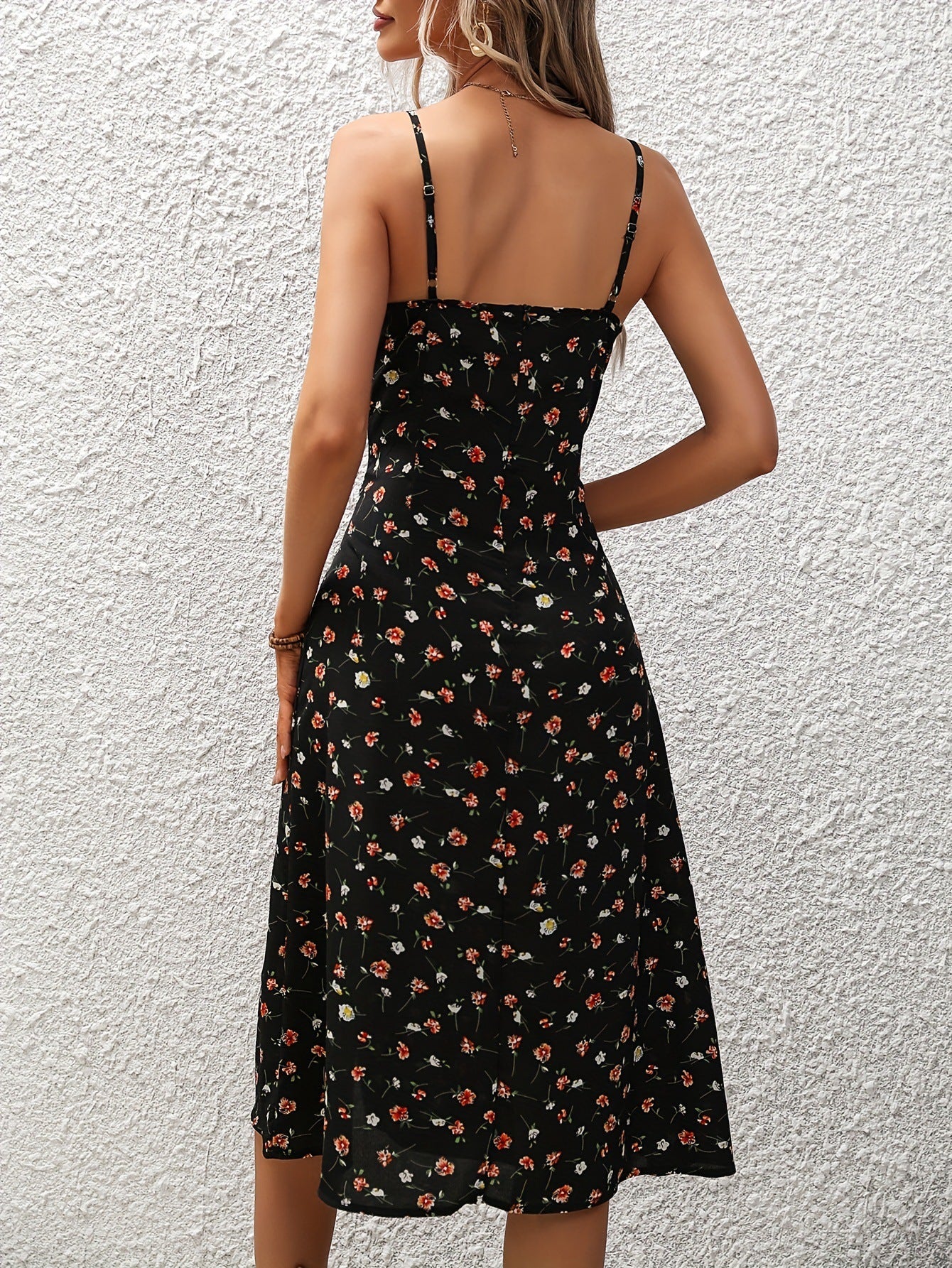 Floral Print / Polka Dot Spaghetti Strap Midi Dress with Slit Polka Dot Print Suspender Dress Summer Sexy Split Long Dresses For Women's Clothing
