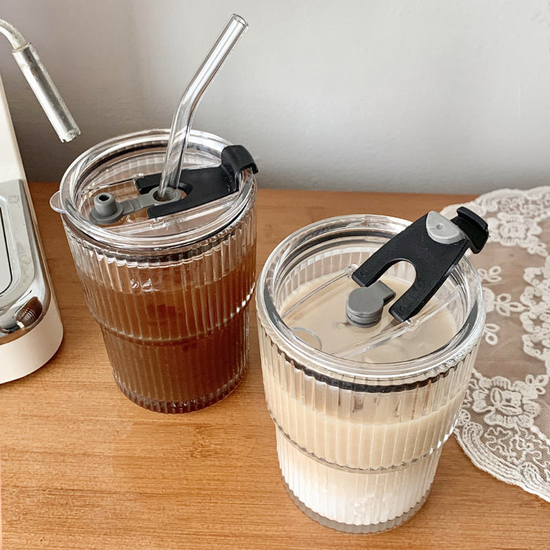 Aesthetic Striped Glass Cup for Cold Drinks Wind Stripe Coffee Mug With Straw With Lid Glass Handy Mug