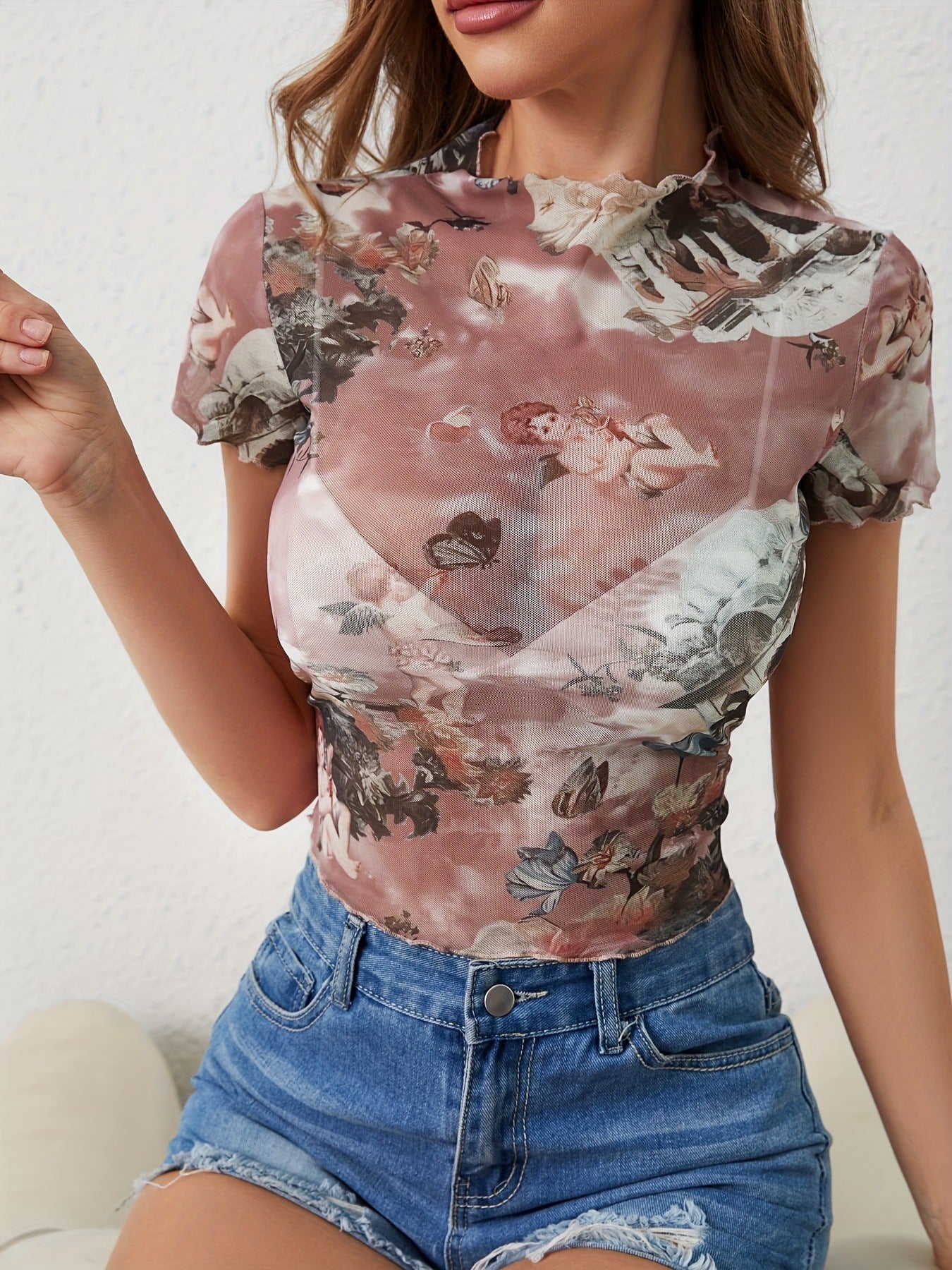 Elegant Mesh Floral Print Top Women's Clothing