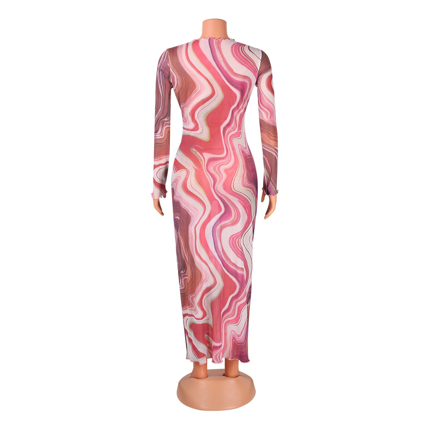 Sexy Mesh See-Through Print Long-Sleeved Dress