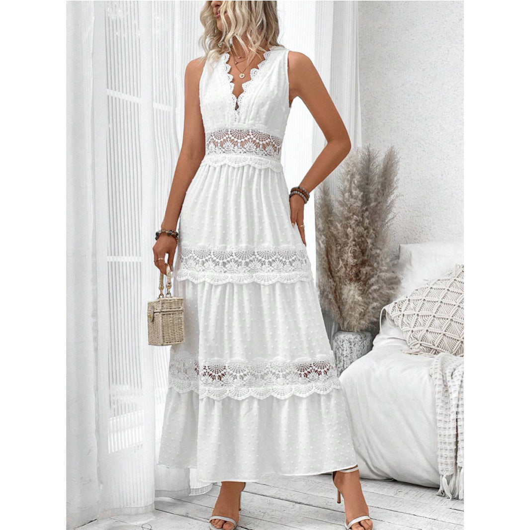 Lace Stitching V-neck Sleeveless Dress For Women's