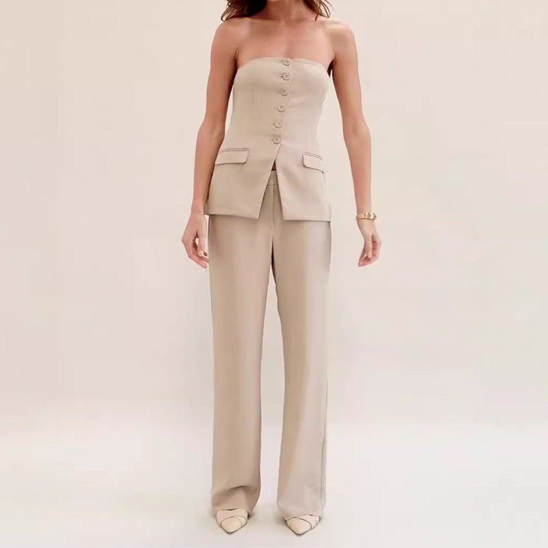 Chic Strapless Blazer Set – Elegance with a Modern Twist Graceful Tube Top Suit Fashion Button Sleeveless Top And Straight Pants Women's Trousers Set