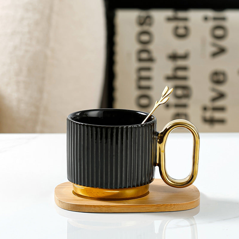 Ribbed Ceramic Coffee Mug with Wooden Saucer & Gold Spoon Set Ceramic Mug Household Afternoon Tea Coffee Cup