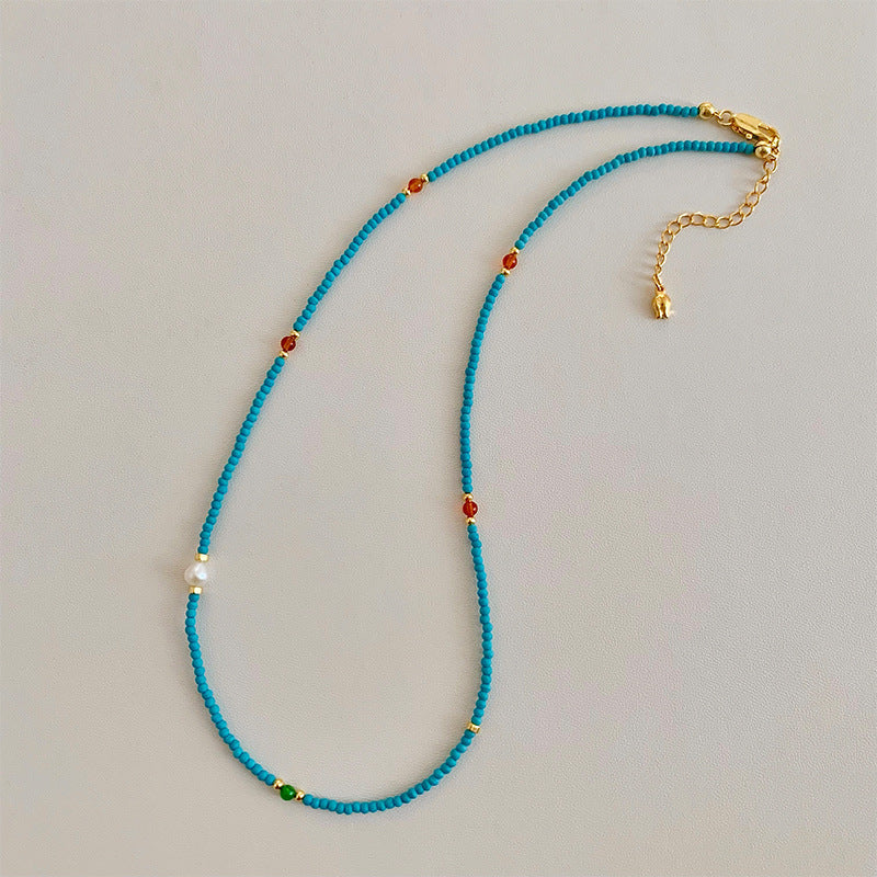 Natural Freshwater Small Pearl Turquoise Beaded Necklace