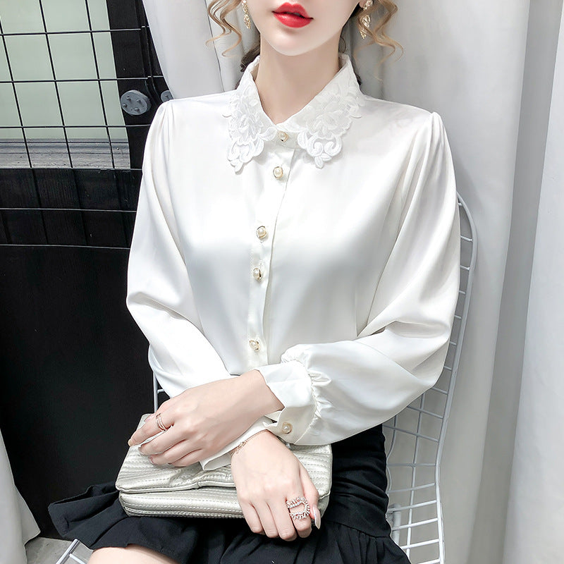 Elegant Lace Collar Button-Up Blouse | Long Sleeve Satin/Silk-Look Shirt Temperament Design Sense Stitching Top Western Style Korean Loose Shirt