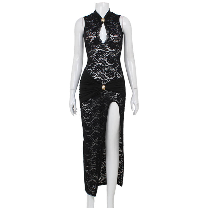 Glamorous Mock Neck Bodycon Lace Dress with Keyhole Sexy Hollow Out Lace Sleeveless Slim Fit High Slit Dress