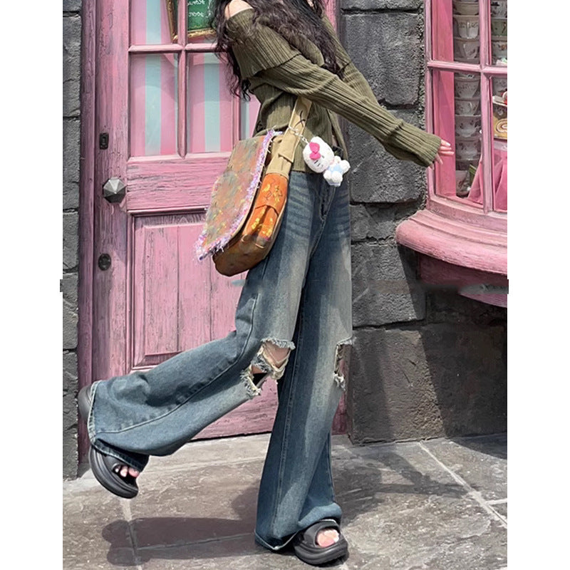 Distressed Vintage Wide-Leg Jeans – Effortless Streetwear Cool Retro Washed Ripped Jeans For Women