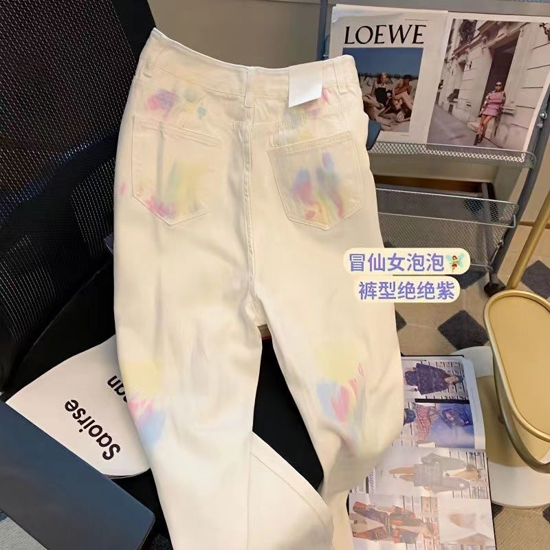 Pastel Dream Tie-Dye Jeans – Whimsical White Wash Denim Retro Tie-dye Graffiti Straight High Waist Jeans For Women