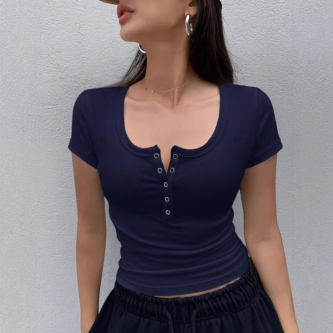 Solid Color Short-sleeved Top Rib Knit Half-cardigan Button T-shirt