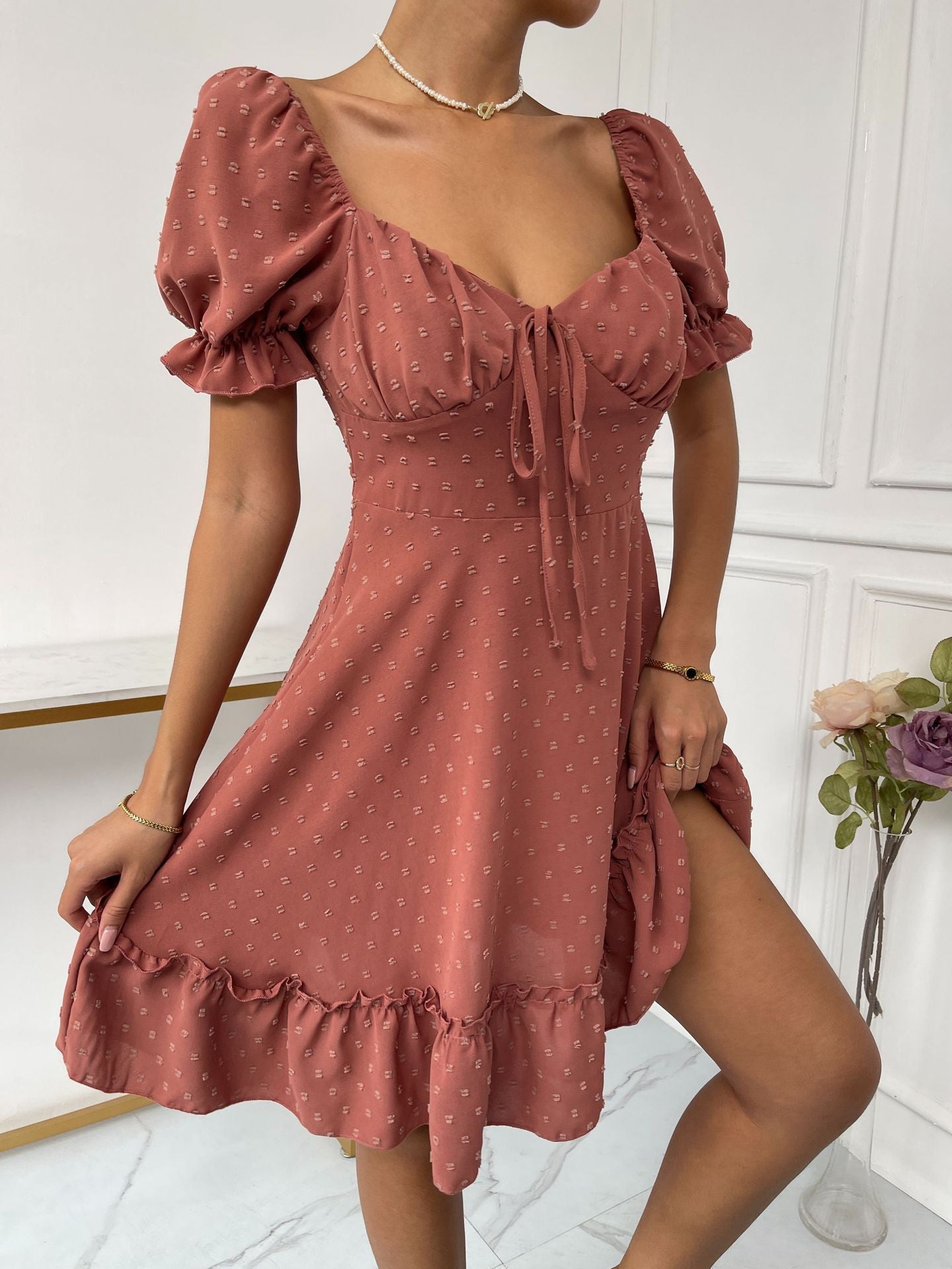 Full Jacquard Tie Puff Sleeve Mini Dress