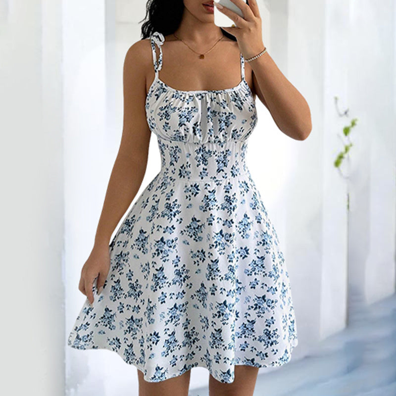 Floral Mini Dress Spaghetti Strap Sleeveless Tie Shoulder Ruffle Summer Boho Dresses