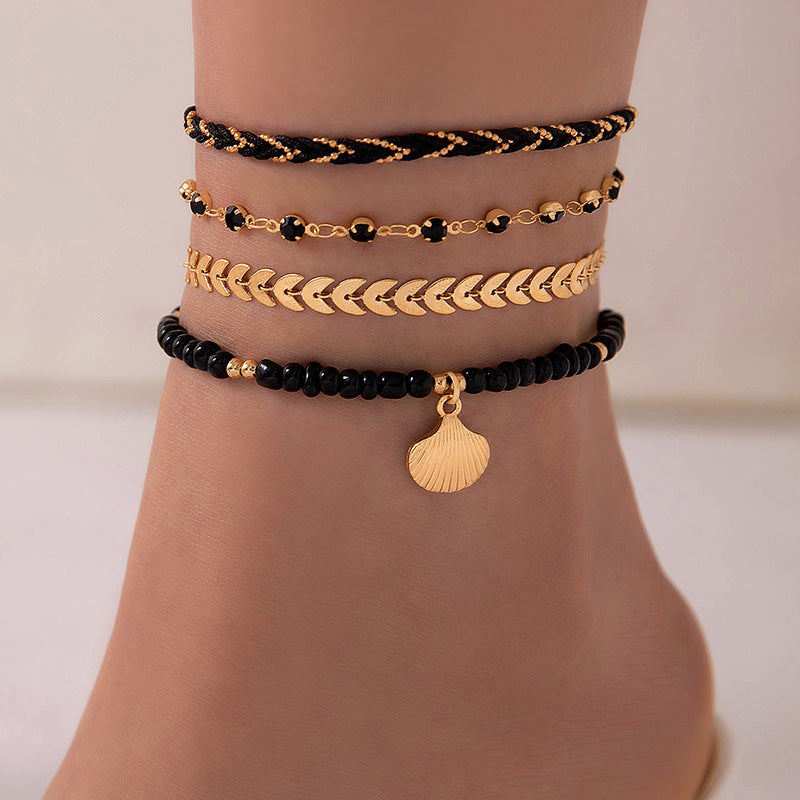 Boho Chic Layered Anklet Set - Multi-Strand & Shell Charm 4pcs Set Bohemian Woven Rope Foot Chain For Women Geometric Alloy Black Beads Dropping Oil Anklet Set Summer Fashion Jewelry