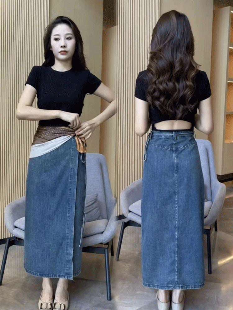Retro High Waist Slit Blue Denim Skirt