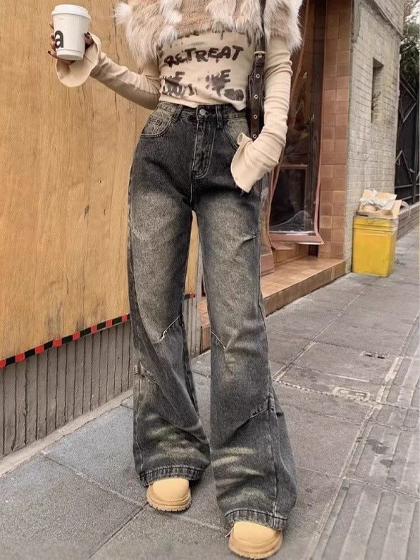 American-style Retro Washed Gradient Wide-leg All-matching Casual Straight-leg Mop Jeans