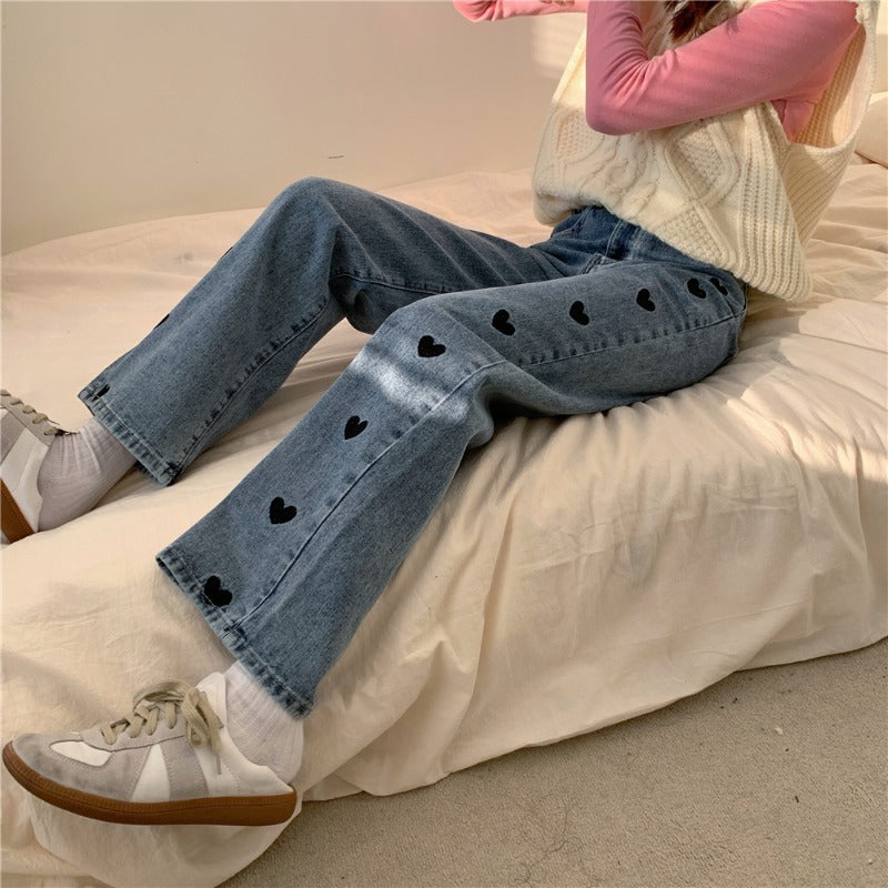 Heart Cutout Wide-Leg Jeans – Soft Girl Meets Streetwear New Design Sense Straight Loose High Waist Love Jeans For Women