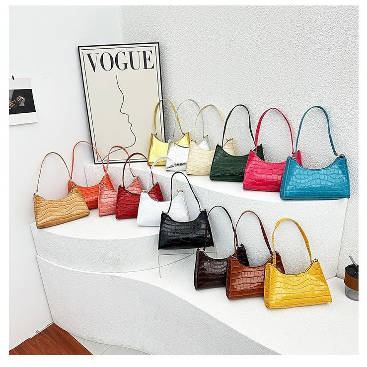 Elegant Crocodile Textured Shoulder Purse | Perfect for Day or Night Embossed Underarm Stone Pattern Candy Color Shoulder Bag