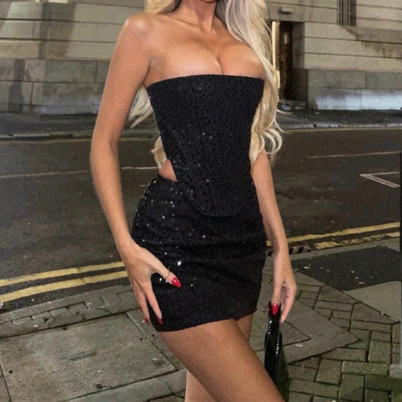 Sparkling Sequin Strapless Mini Dress | Perfect for Parties & Nights Out 2pcs Denim Sequins Skirt Suit With Sexy Tube Top And Slim Skirt Y2K Ins Fashion Clothing For Women