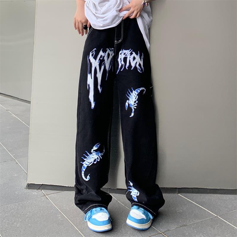 Scorpion Flame Graphic Jeans – Black Baggy Streetwear Pants Street Print High Waist Jeans For Men And Women