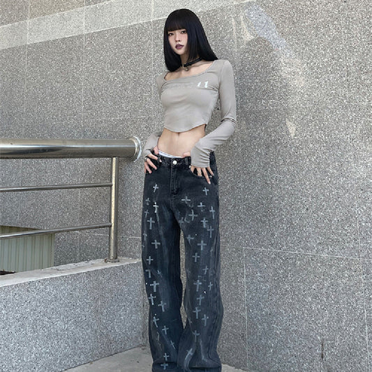 Unisex Cross Print Baggy Jeans – Vintage Washed Streetwear Denim Loose Straight Jeans For Men And Women